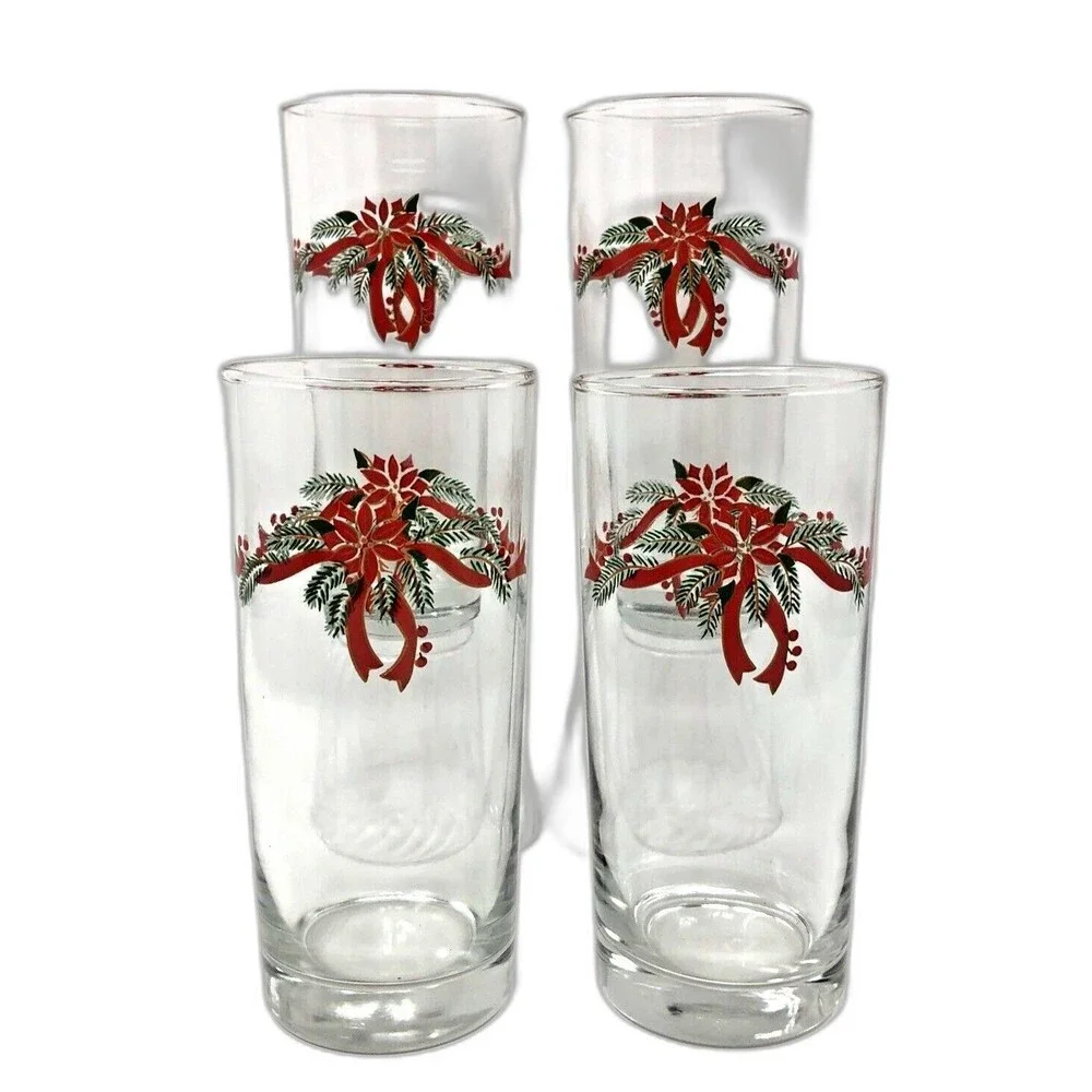 Anchor Hocking Poinsettia & Ribbon Tumblers Holiday Iced Teas 16 oz Set of 4 NEW